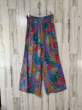 Kona Sol Teal Floral Split Palazzo Pants with Pink and Orange Tropical Print